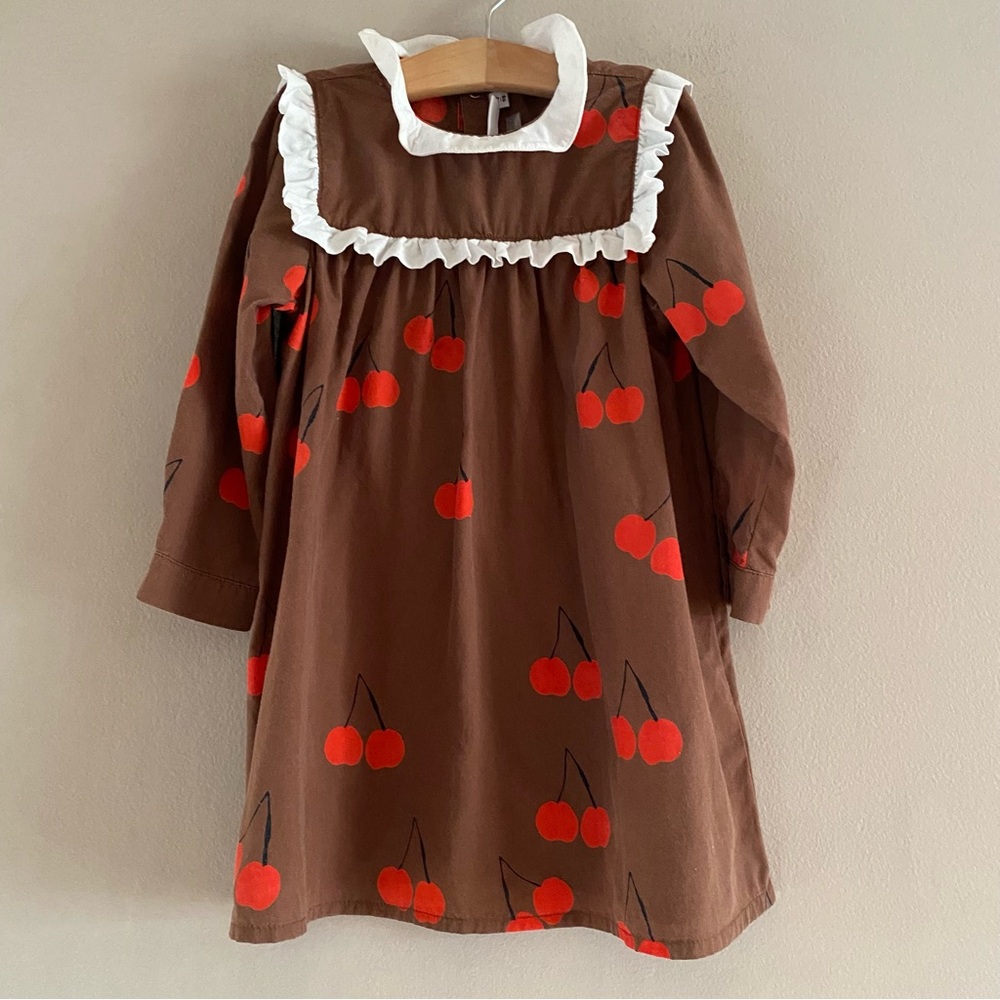 Mini Rodini Girl’s Brown Woven Cherry Print Ruffle Frill Dress Unlined Size 2-3